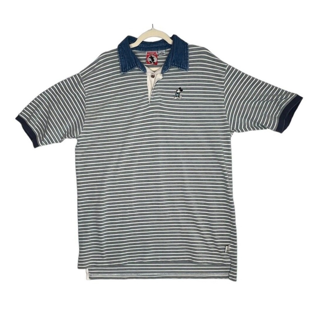 Vintage‎ Mickey Inc Striped Polo Shirt Denim Collar Blue/GreenWhite Disney 2XL